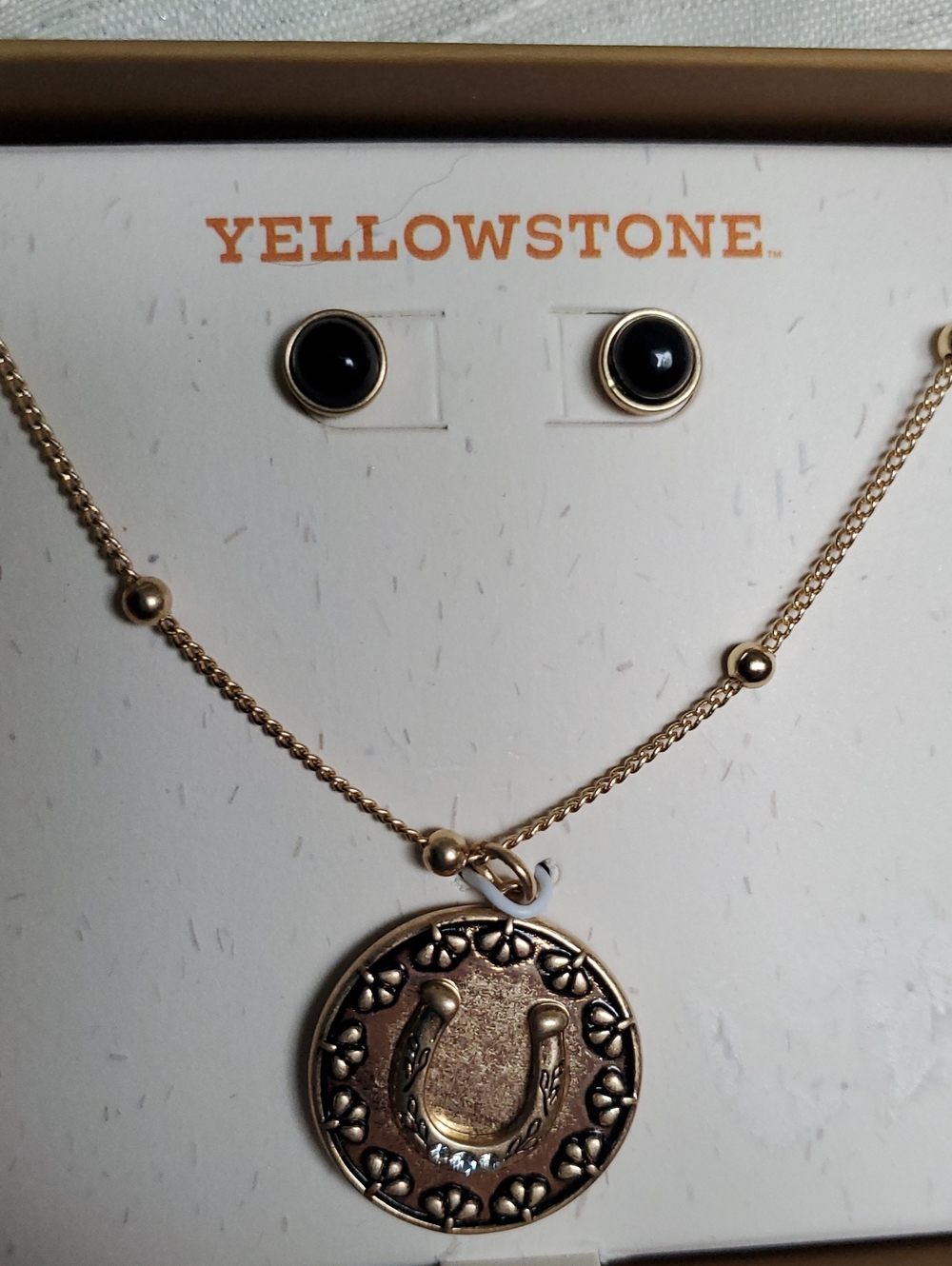 Copper Tone Horseshoe Coin Pendant Necklace And Earring Set